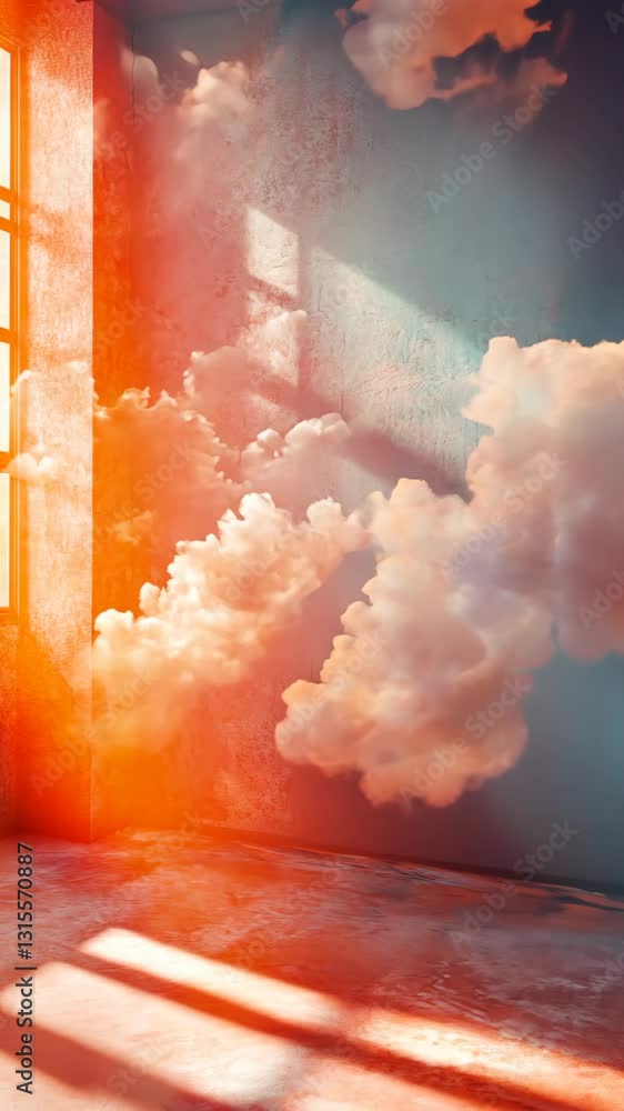 Poster bright sunlight filtering through a window, illuminating colorful clouds in a room filled with warmt