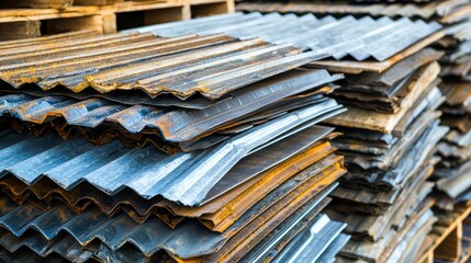 Corrugated metal sheets arranged in neat piles on pallets, highlighting their durability and practicality for roofing solutions