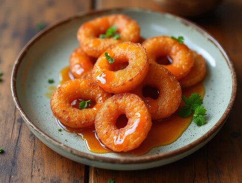 Peruvian picarones drizzled with spiced chancaca syrup on ceramic plate