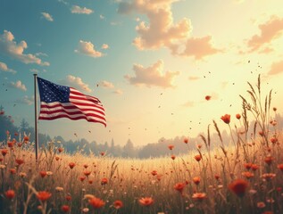 American flag waving in a flower field at sunset: celebrating memorial day