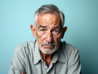Obraz premium Senior man expressing disappointment with sad eyes and slumped shoulders on blue background