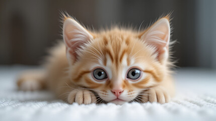 Close-Up of Cute Ginger Kitten with Big Eyes Relaxing on White Surface.