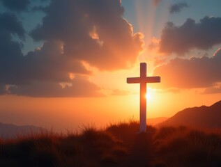 Fototapeta premium Glowing white cross on hill at sunset