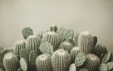 Close-up view of various cacti against a muted green textured background.  The image features several round cacti with visible spines surrounded by paddle-shaped cactus leaves