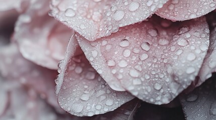 Close-up of delicate rose petals covered in water droplets, showcasing a soft pink and mauve color palette. The image features a shallow depth of field, emphasizing the texture and detail of the