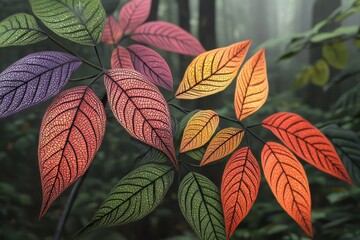 Vibrant leaves in various colors display intricate patterns against a soft, misty forest background, showcasing nature's beauty and detail.