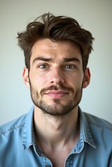Obraz premium Portrait of confident young man slightly smiling and showing a bit of doubt