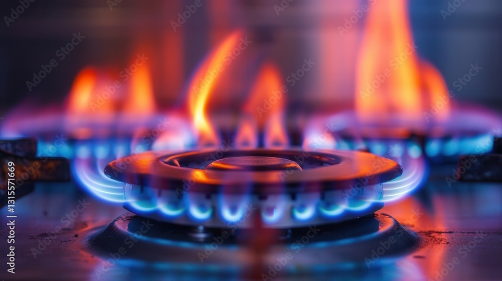 Poster flames dancing on a gas stove burner creating a warm glow in a kitchen setting