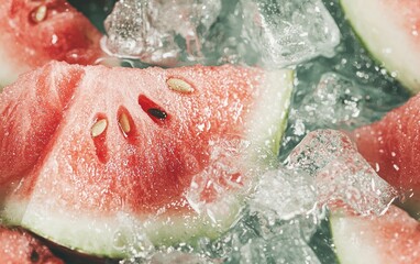 Fototapeta premium Close-up of juicy watermelon slices nestled in ice cubes. Red flesh glistens, seeds visible. Cool, refreshing summer image