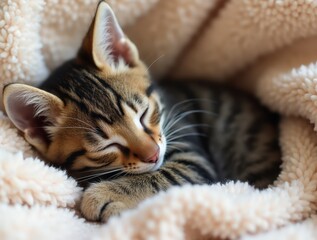 Tiny tabby kitten sleeping in cozy blanket