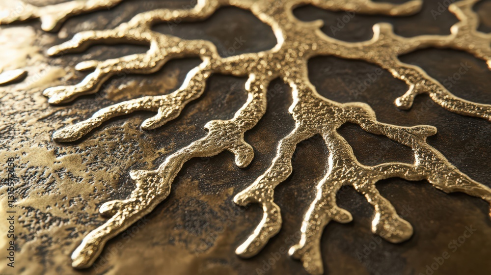 Poster intricate golden branching pattern on a textured surface close up view