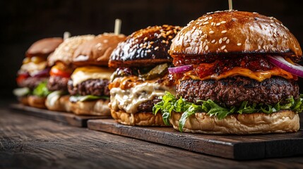 A delectable lineup of artisanal burgers showcasing vibrant ingredients