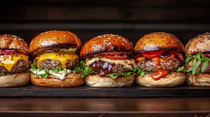 Mouthwatering gourmet burgers beautifully arranged on rustic wooden backdrop
