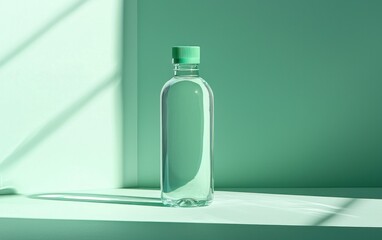 Clear plastic water bottle with a light green cap on a light green surface, illuminated by sunlight creating shadows