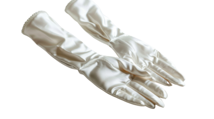 Elegant long white satin gloves with pearl trim on transparent background