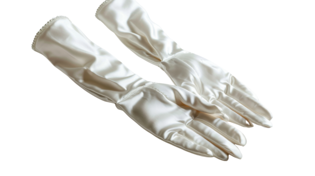 Elegant long white satin gloves with pearl trim on transparent background