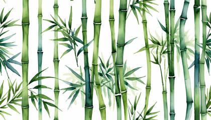 A traditional watercolor painting of bamboo stalks and leaves on a white background. The bamboo stems are painted in various shades of green, with darker tones emphasizing depth and lighter strokes