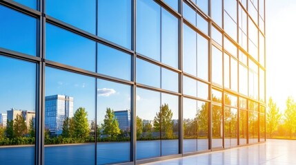Naklejka premium Building Facade Reflecting Sunny Cityscape