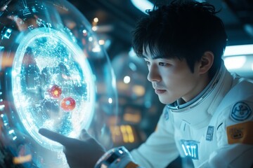 Naklejka premium A futuristic depiction of a dad playing with his baby in a zero-gravity environment, with toys floating around them in a sleek, high-tech space station