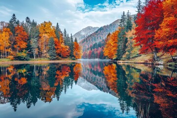 Obraz premium A tranquil lake reflecting the vibrant hues of autumn foliage in a mountainous landscape, A serene lake reflecting the changing colors of the trees