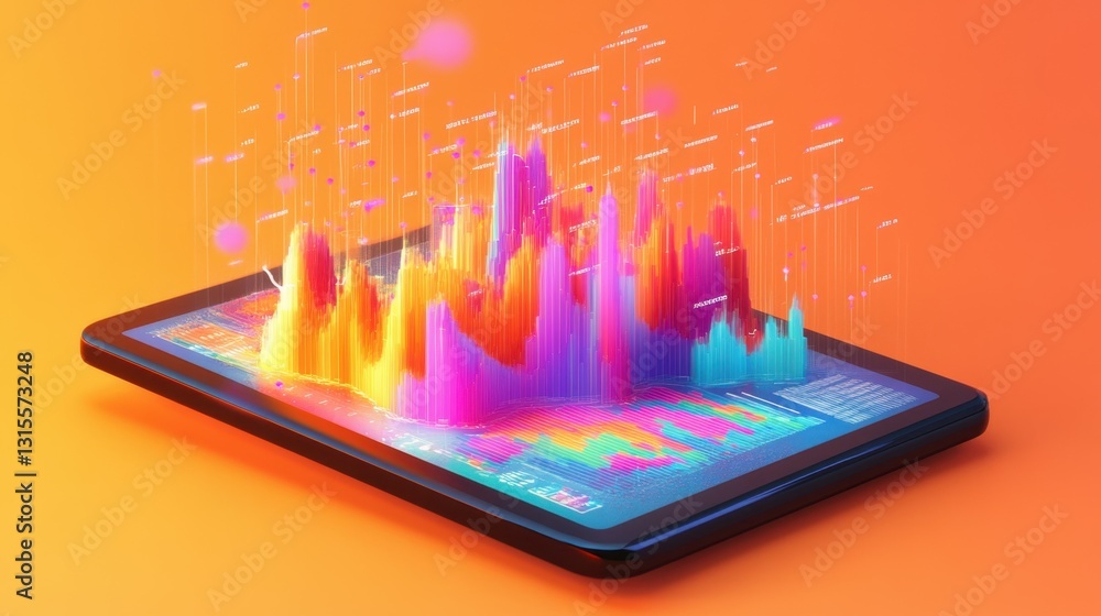 Fototapete tablet device with graphics of data flowing outwards, business intelligence concept