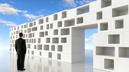 Obraz premium Businessman looking at a white wall with a gap on bright, sunny background; for obstacle, career usage