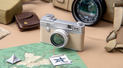Camera on map, traveling essentials in background, travel concept, journey planning, trip imagery