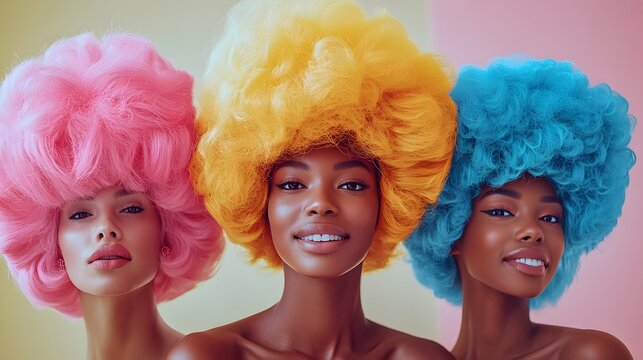 Three women with bold, voluminous wigs in pink, yellow and blue. Creativity and cool self-expression