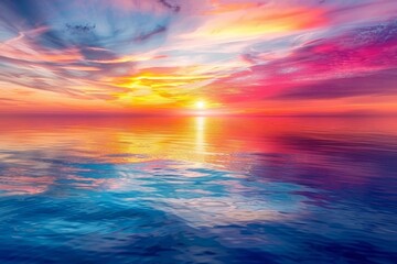 Obraz premium A vibrant sunset paints the sky with hues of pink, orange, and yellow, reflecting beautifully on the calm ocean waters, Reflections of a colorful sunset on the surface of a calm ocean