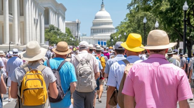 Capitol visit people walk, hats, sun. Crowds & trees blur in the background. Tourism, travel use