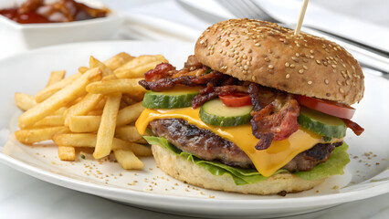 A delicious cheese burger with a sesame and black seed bun, crispy bacon, melted cheddar cheese, fresh Burger.
