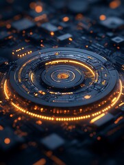 Futuristic technology background with glowing circles and chip pattern