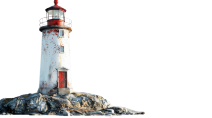 Old lighthouse standing on rocky coast with transparent background