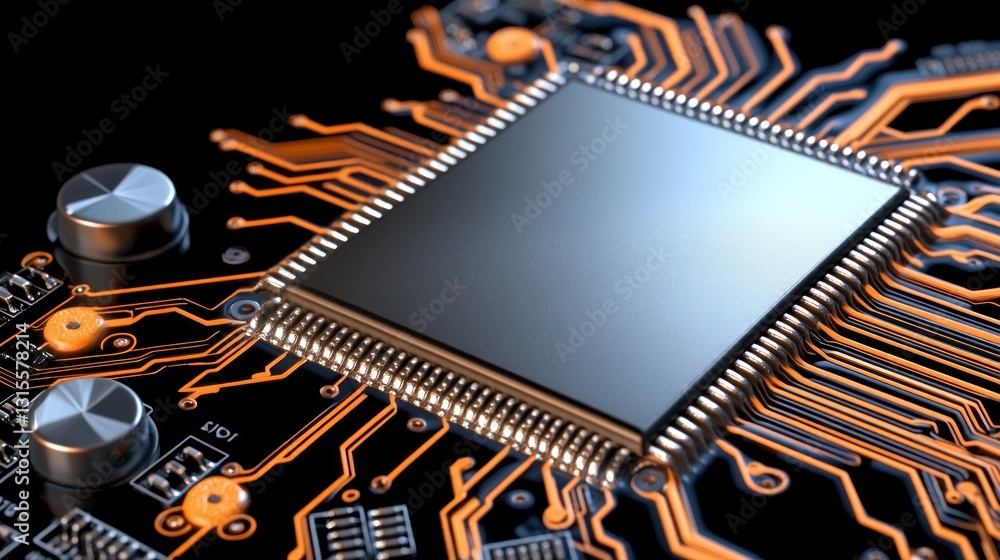 Poster central processing unit close-up with electronic circuits on a black background for tech illustratio