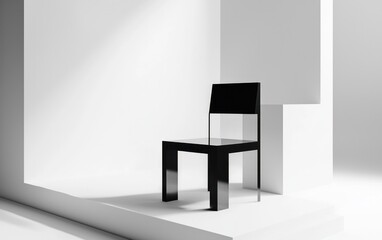 Black chair in minimalist white room.  Geometric design, stark lighting, simple background. Modern, clean aesthetic
