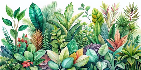 Watercolor Botanical Illustration: Vibrant Green Plants & Delicate Flowers