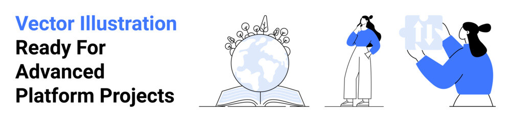 Globe on open book surrounded by foliage, person contemplating ideas, person analyzing objects. Ideal for education, research, sustainability, teamwork, creativity, innovation flat landing page