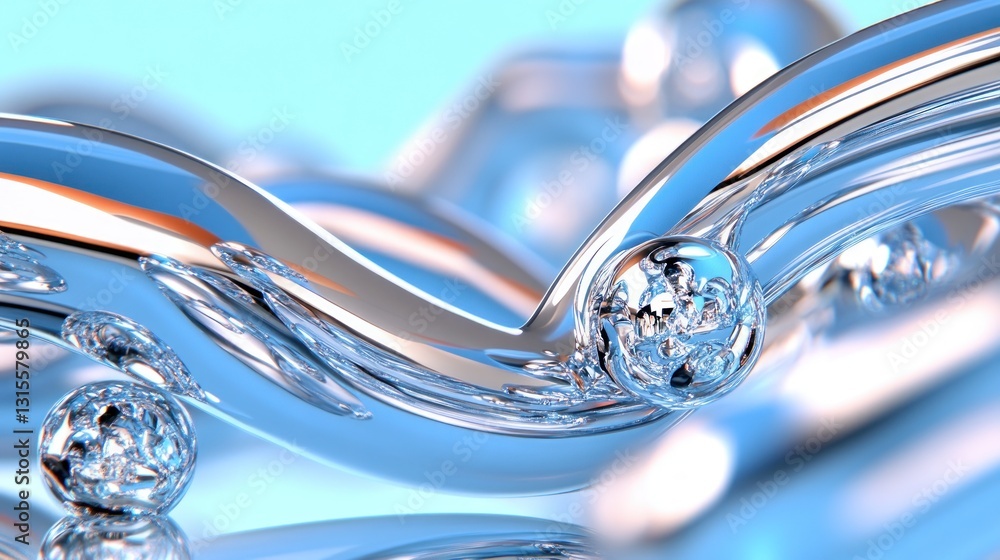 Poster chrome spheres cascade; abstract design reflecting light for display, backdrop use