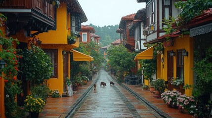 Fototapeta premium Rainy alleyway, colorful historic houses