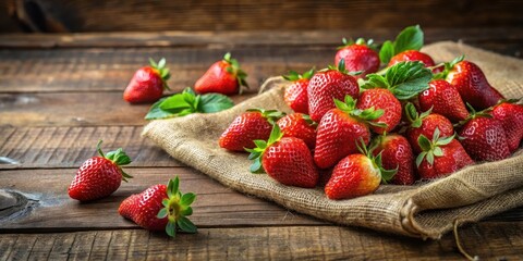 A sumptuous pile of juicy strawberries with a few green leaves scattered around, surrounded by a rustic wooden table and a vintage-inspired linen cloth, juicy strawberries, fruit basket
