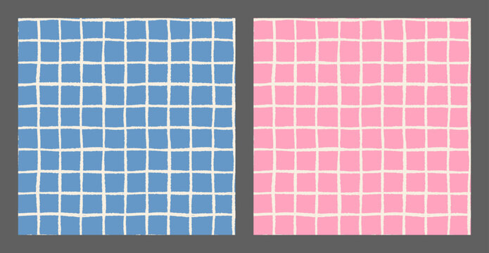 Hand drawn pink and blue plaid paper grid seamless vector pattern with squares for boys and girls designs, irregular painted check