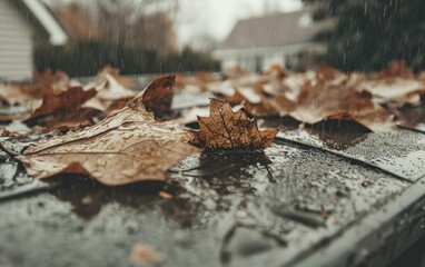 Close-up view of brown autumn leaves scattered on a dark, wet surface during a rainy day. The leaves are glistening with raindrops, and the background shows blurred houses.  A moody and melancholic