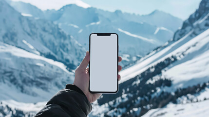 Smartphone in hand against snowy mountain background, Mockup
