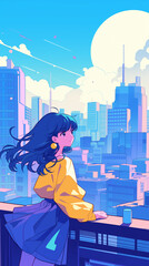 レトロアニメ風の美女｜シティポップテイストのファッションイラスト。スマートフォン9:16のアスペクト比	