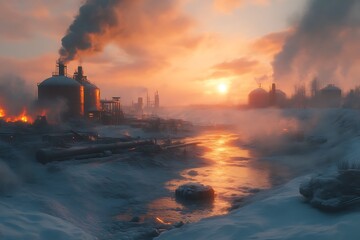 An industrial landscape scene with smoke and winter conditions