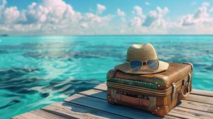 Obraz premium suitcase with straw hat and sunglasses on a wooden dock