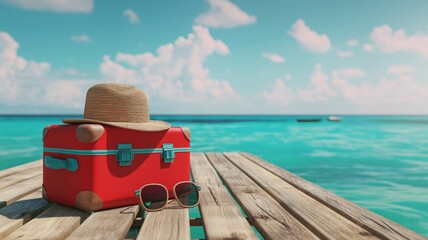 suitcase with straw hat and sunglasses on a wooden dock