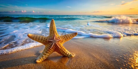 A starfish lies on a sandy beach with the ocean waves gently lapping at its edges, its five arms stretched out like a natural sculpture , marine life, ocean