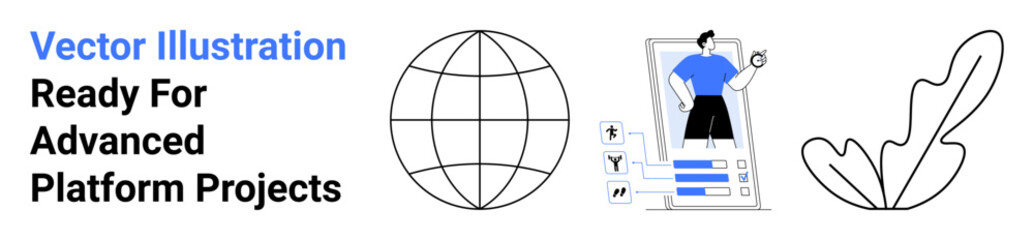 Globe representing global connection, avatar on smartphone showcasing profile customization, abstract leaf. Ideal for technology, networking, innovation, mobile development, nature tech, education