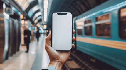 Female hand holding smartphone in train station with blurred background